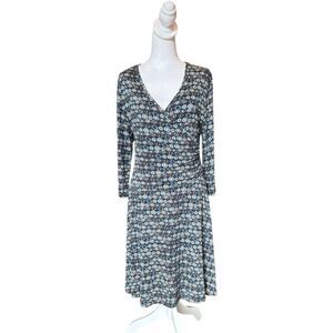 Garnet Hill Brianna Surplice Knit Faux Wrap Dress V Neck Womens Medium Blue